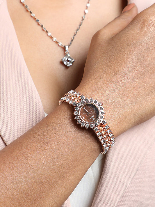 Embellished Round Watch - Rose Gold