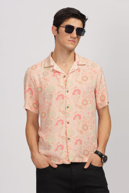 Uri Peach Printed Cuban Collar Shirt Uri