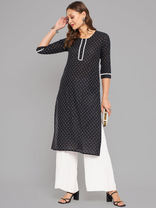 Women Black Woven Design Kurta With Lace Krya