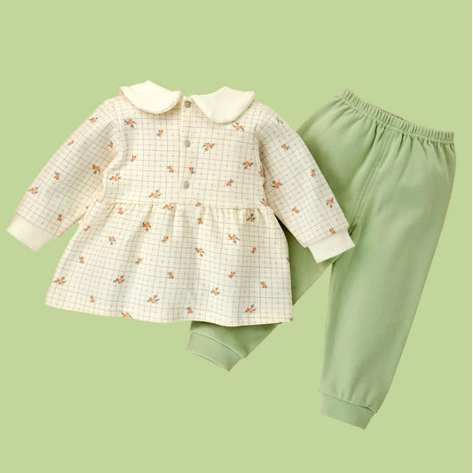 2pcs Light Green Little Florals and Bows Long Frock style Top with matching full Pan