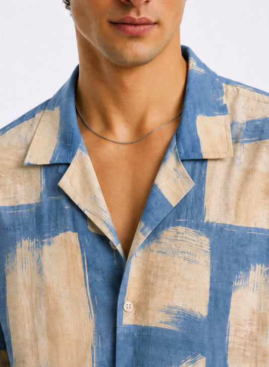 Adro Sky Grid Relaxed Fit Cuban Collar Cotton Nylon Abstract Printed Shirt