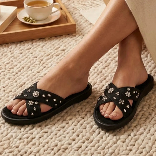 The Giana Black Luxury Cross Over Embellished Slides Rettrose