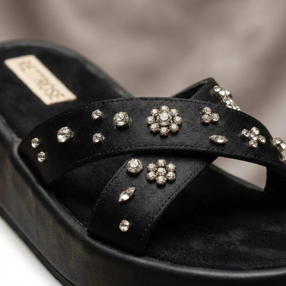 The Giana Black Luxury Cross Over Embellished Slides Rettrose