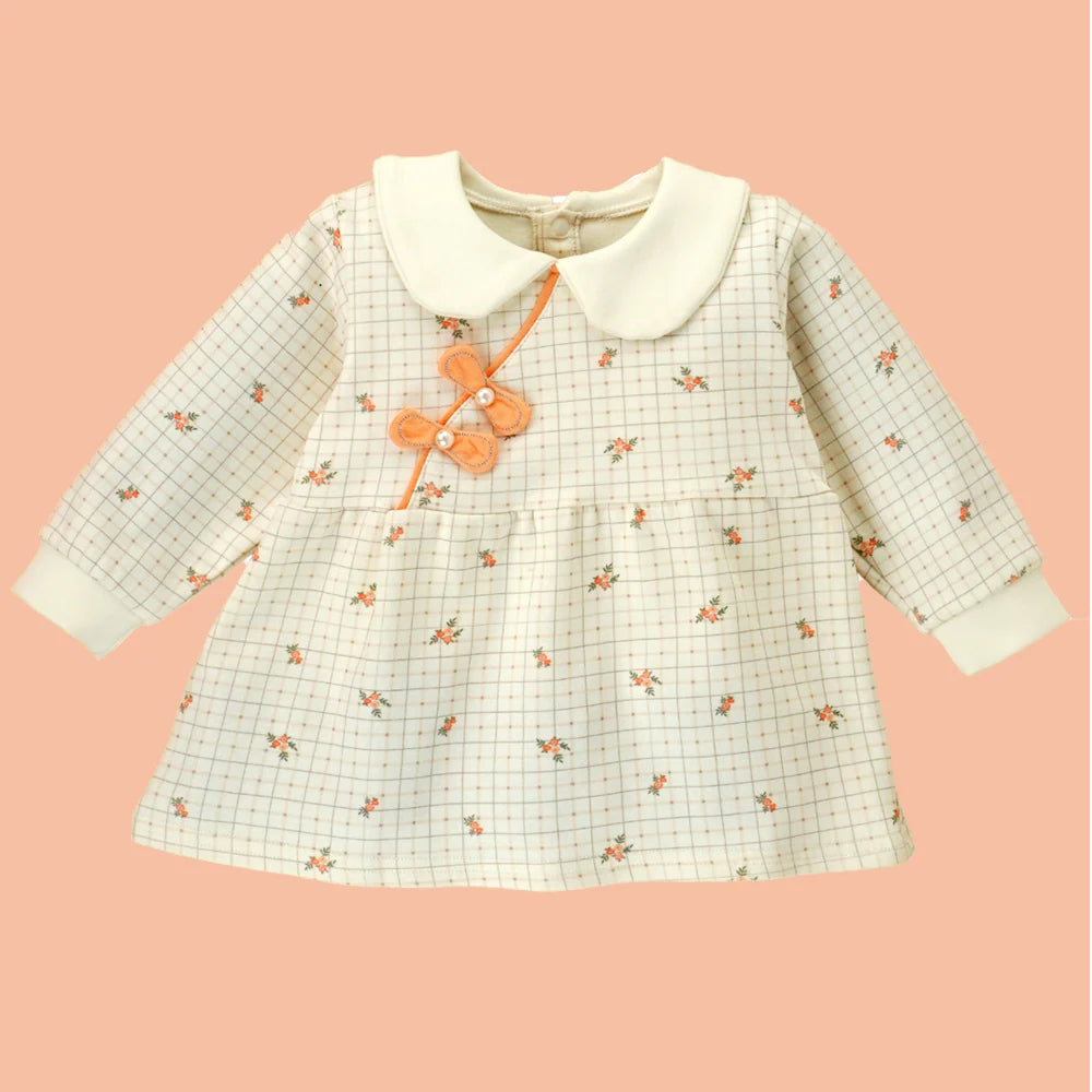 2pcs Light Peach Little Florals and Bows Long Frock style Top with matching full Pants