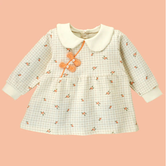 2pcs Light Peach Little Florals and Bows Long Frock style Top with matching full Pants