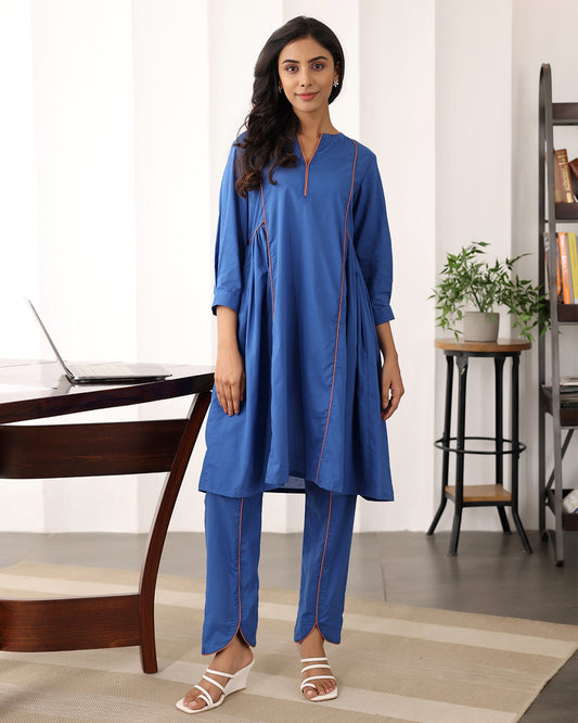 A-line Collar Blue Kurta Set