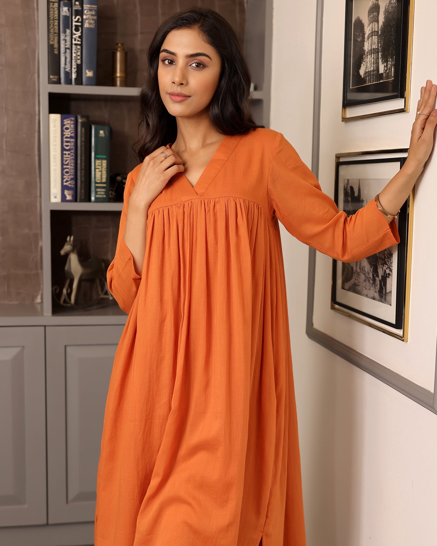 Orange A-line Mulmul Kurta Set