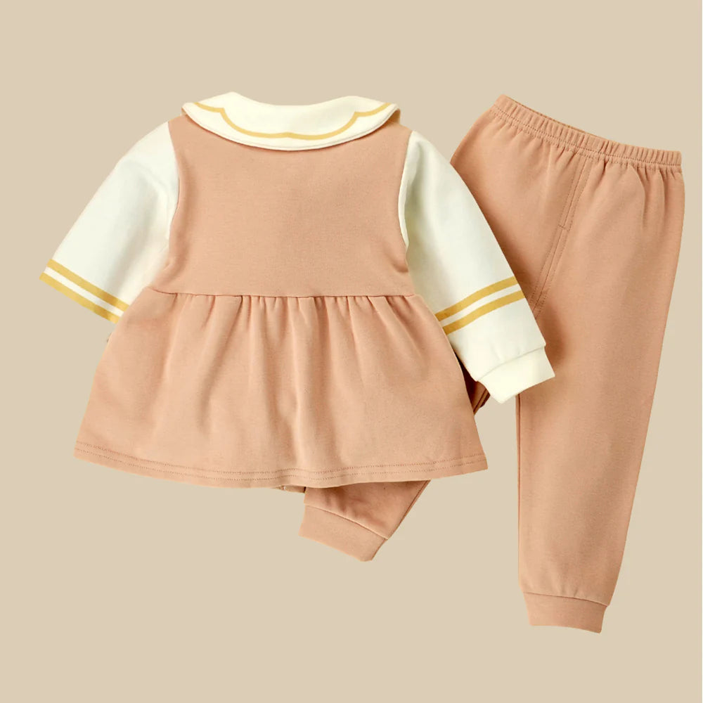 2pcs Peach Scalloped Long Frock style Top with matching full Pants