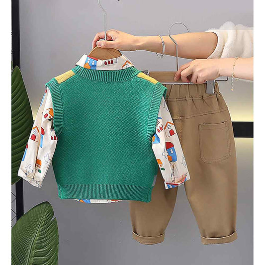 3pcs Green Village Theme Cardigan, Shirt and matching Pants set for Toddlers and Kids