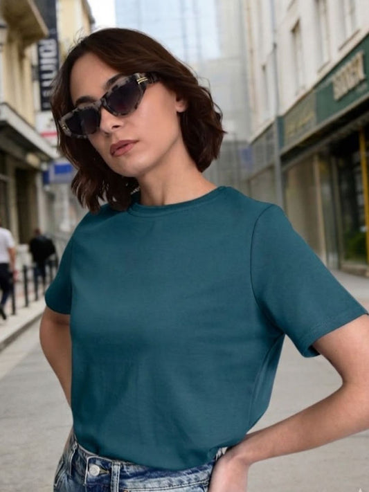 Women's Pack of 2 Teal And Maroon Solid Cotton Round Neck Regular Fit T-Shirts