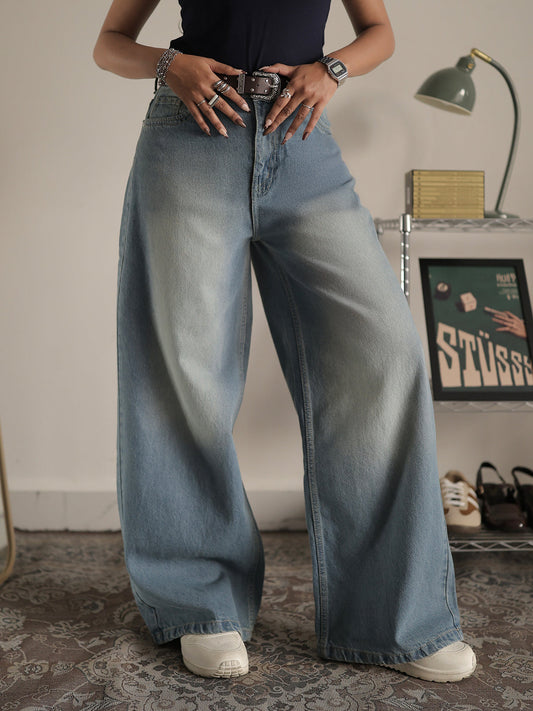 Soft Blue Washed Wide Leg Jeans
