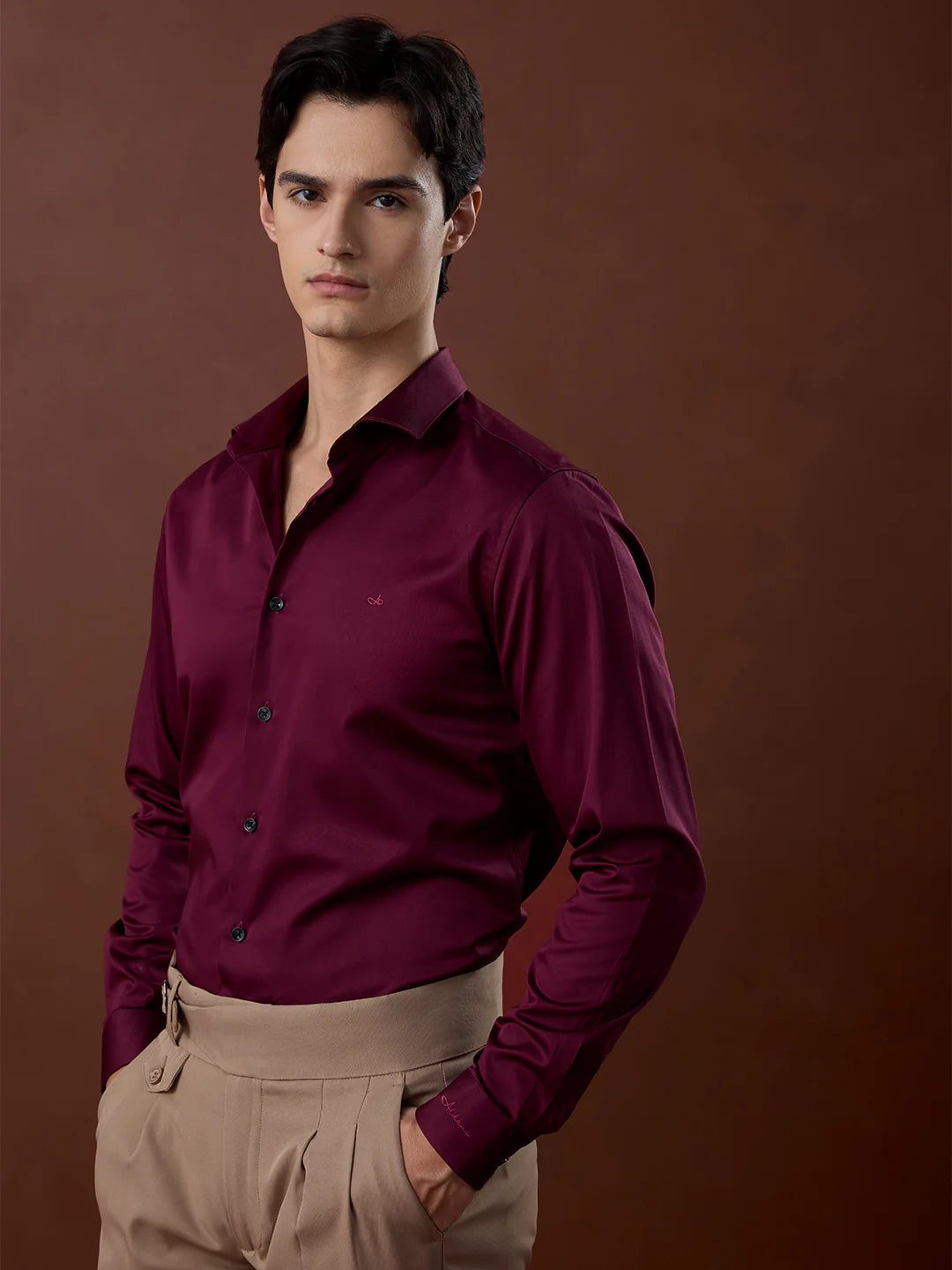 Maroon Slim Fit Solid Formal Satin Shirt