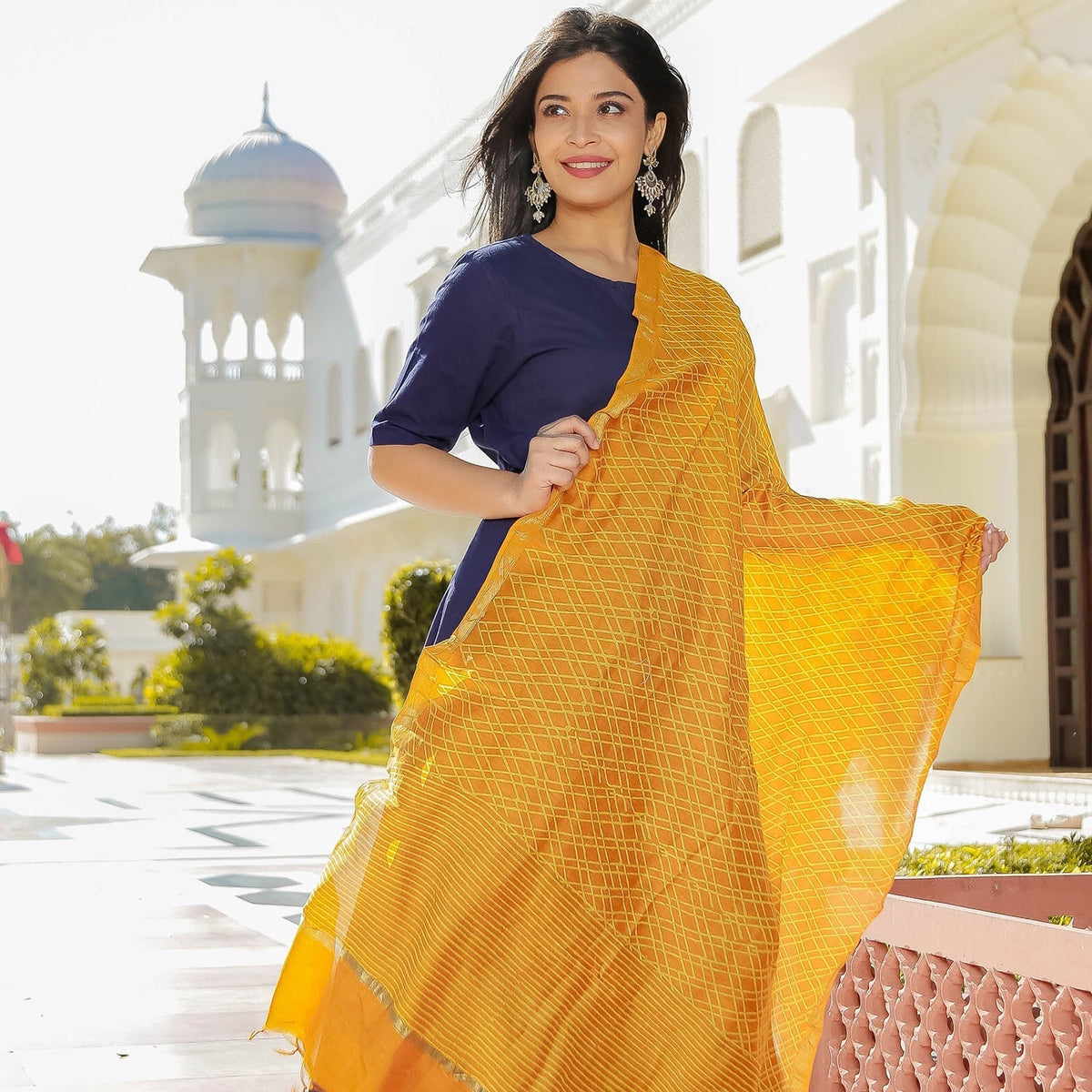 Blue Suit With Mustard Dupatta