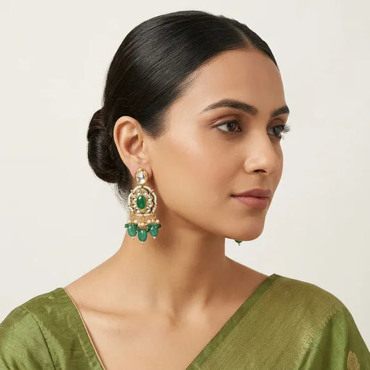 Green And Gold Kundan Pearl Beaded Drop Earrings For Women
