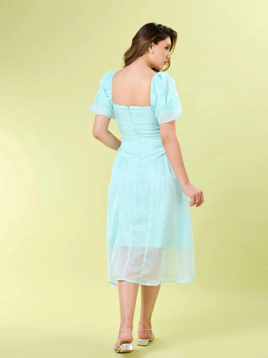Skyla Puff Sleeve Aqua Blue Midi Dress Zumee