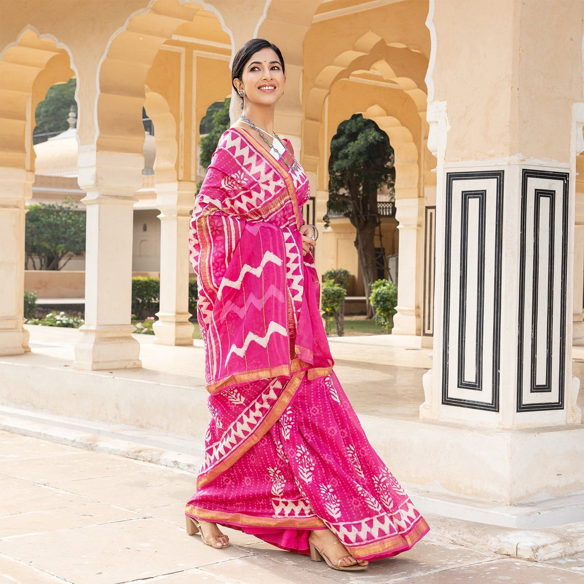 Pink Bagru Chanderi Saree