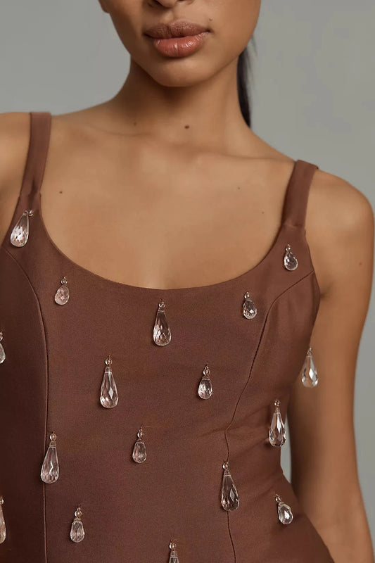 Luvia Brown Beaded Mini Dress De Novoo