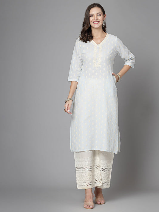 Women Sky Blue Cotton Dobby Kurta With Lace Krya