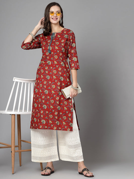 Women Red Floral Printed Tie-Up Neck Kurta Krya