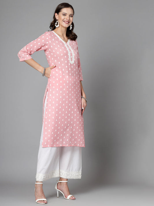 Women Baby Pink Cotton Dobby Kurta With Lace Krya