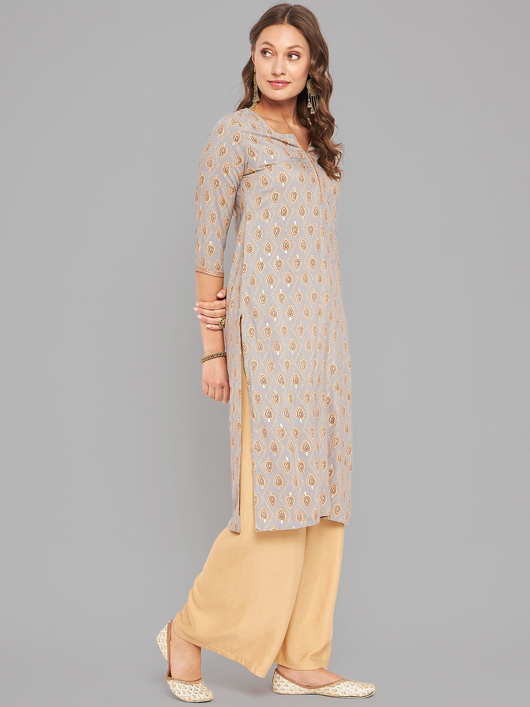 Women Grey Ethnic Motifs Printed Kurta With Piping