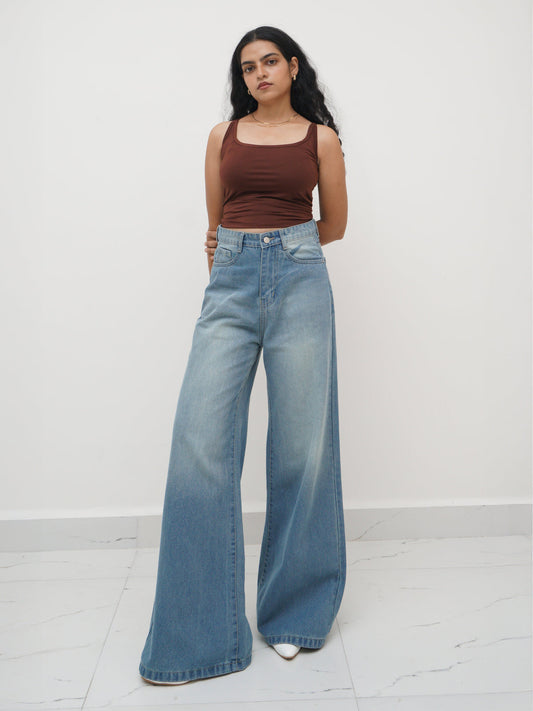 Faded Blue Washed Ultra Wide Leg Jeans