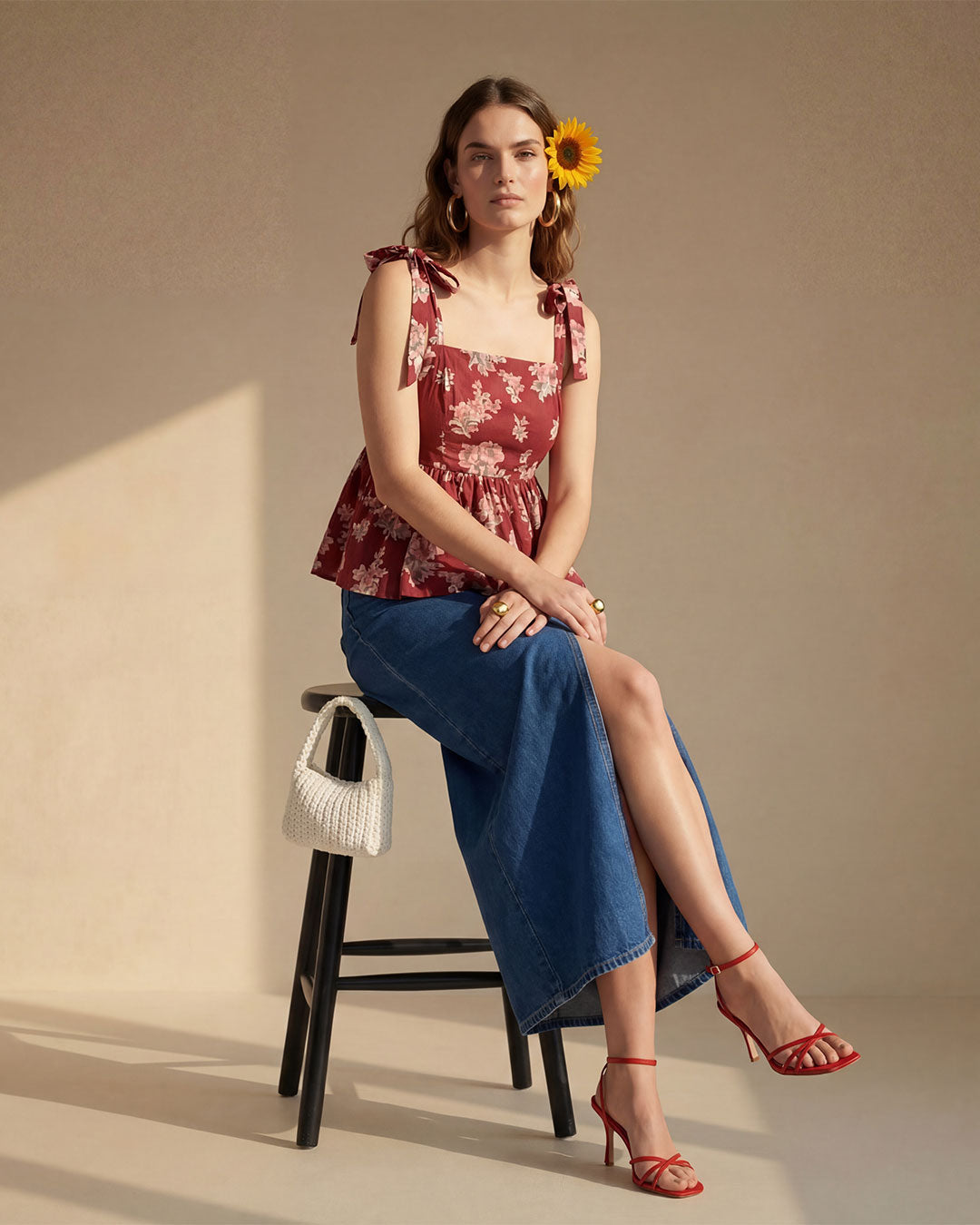Red Floral Cotton Peplum Top