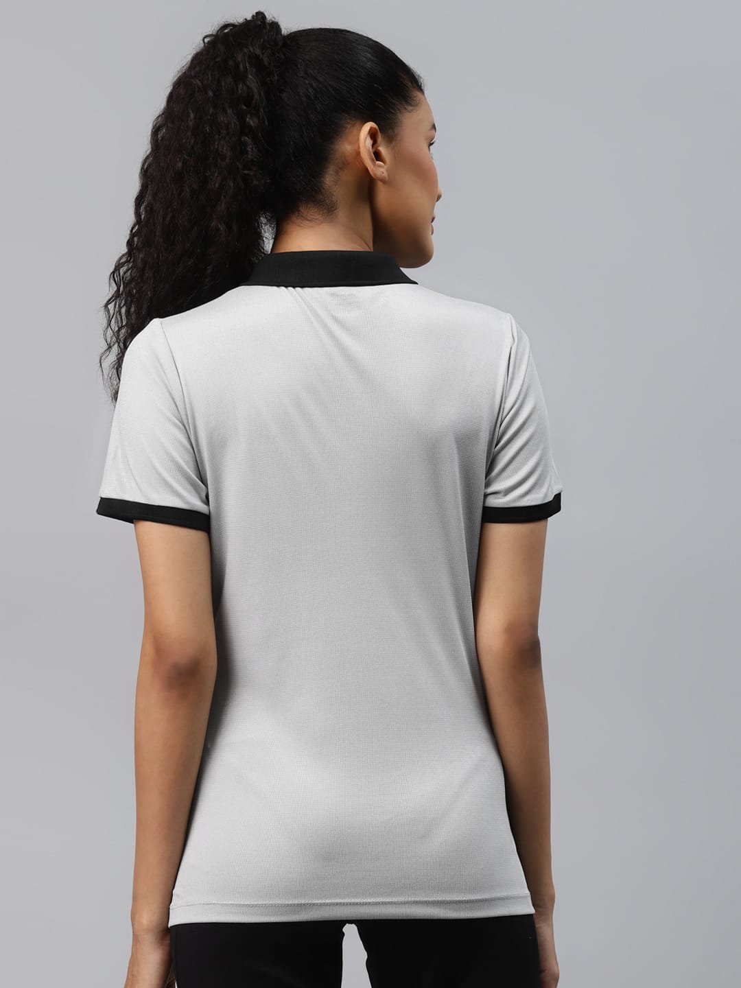 Alcis Women Grey Solid Polo Collar Slim Fit T-shirt
