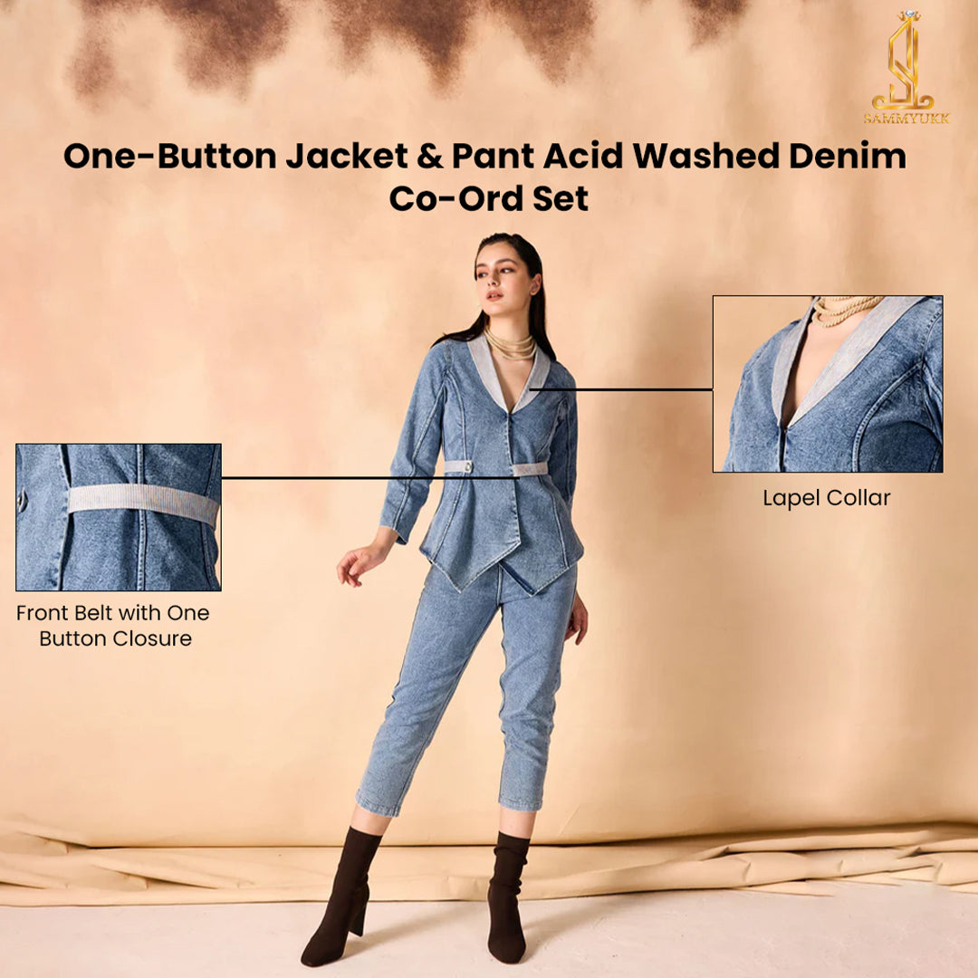 One Button Jacket & Pant Acid Washed Denim Co-Ord Set