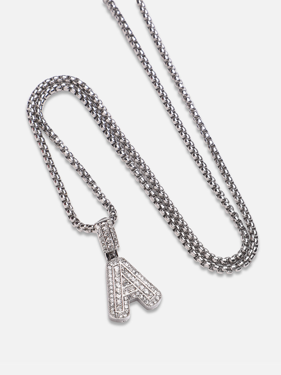 Embellished A Alphabet Pendant with Chain - Silver