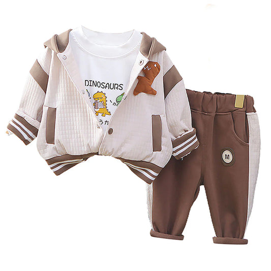 Brown Dino Broach Designed Jacket 3 Pcs Track Suit Set For Toddlers And Kids