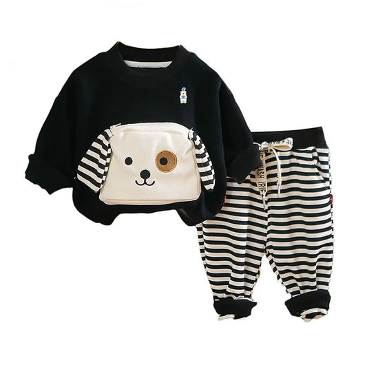 2Pcs Set Black Stripes Doggy Eye Patch Track Suit Set For Toddler And Kids