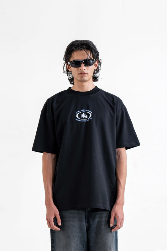 The Justice Printed Black Oversized T-Shirt Main Character