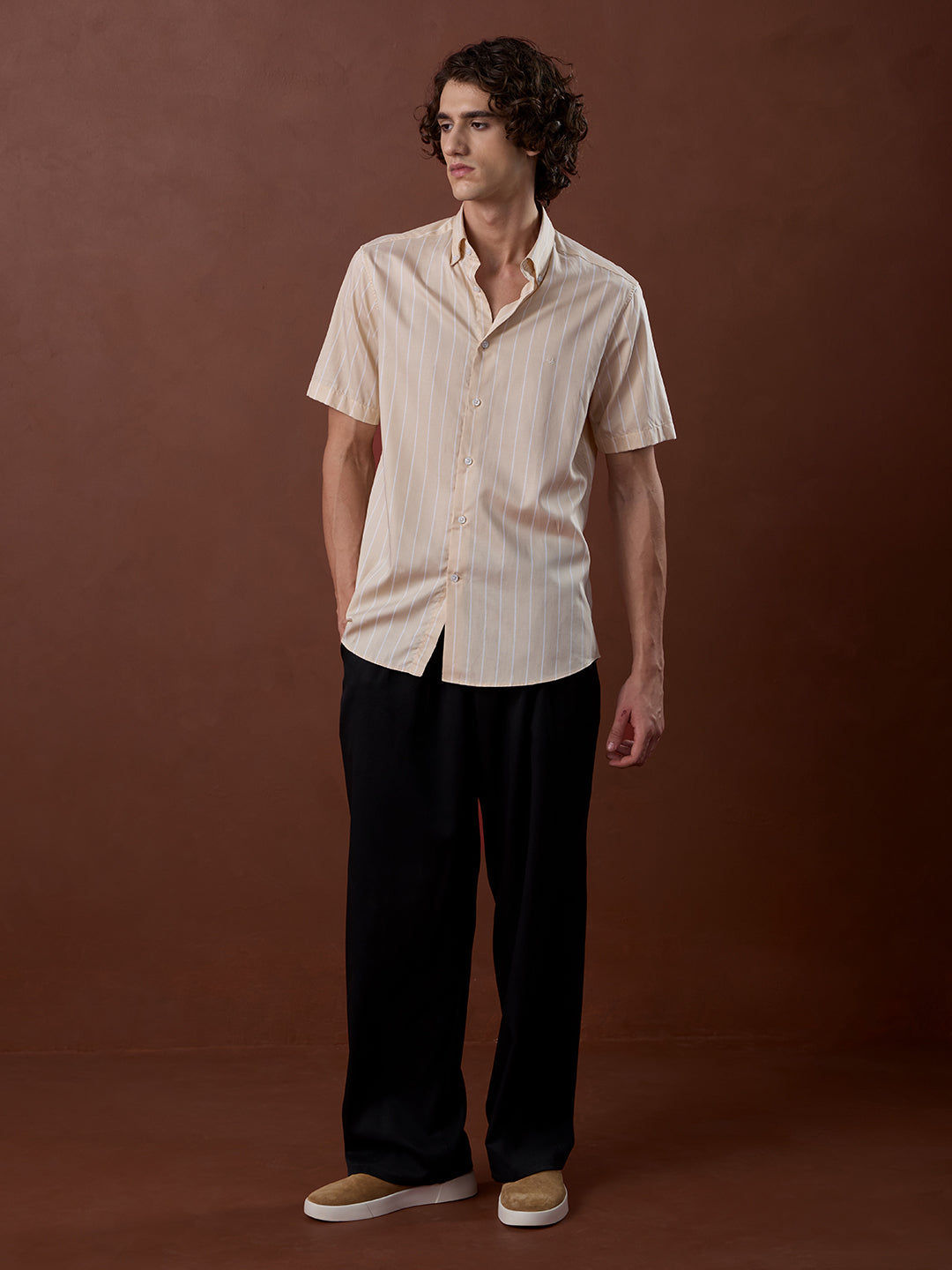 Beige Regular Fit Striped Smart Casual Cotton Shirt for Men (LARIN)