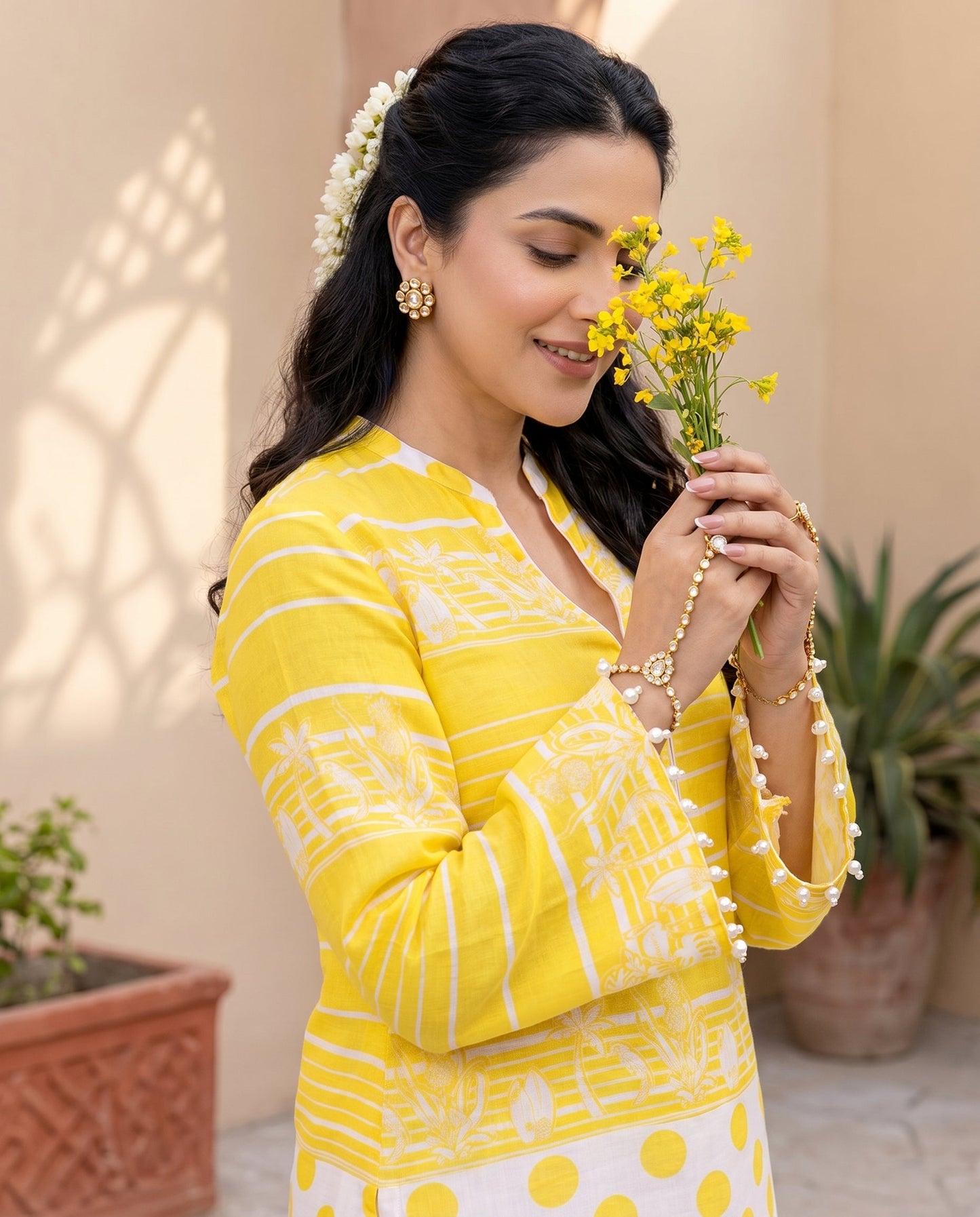 Yellow Stripe & Polka Kurta Set