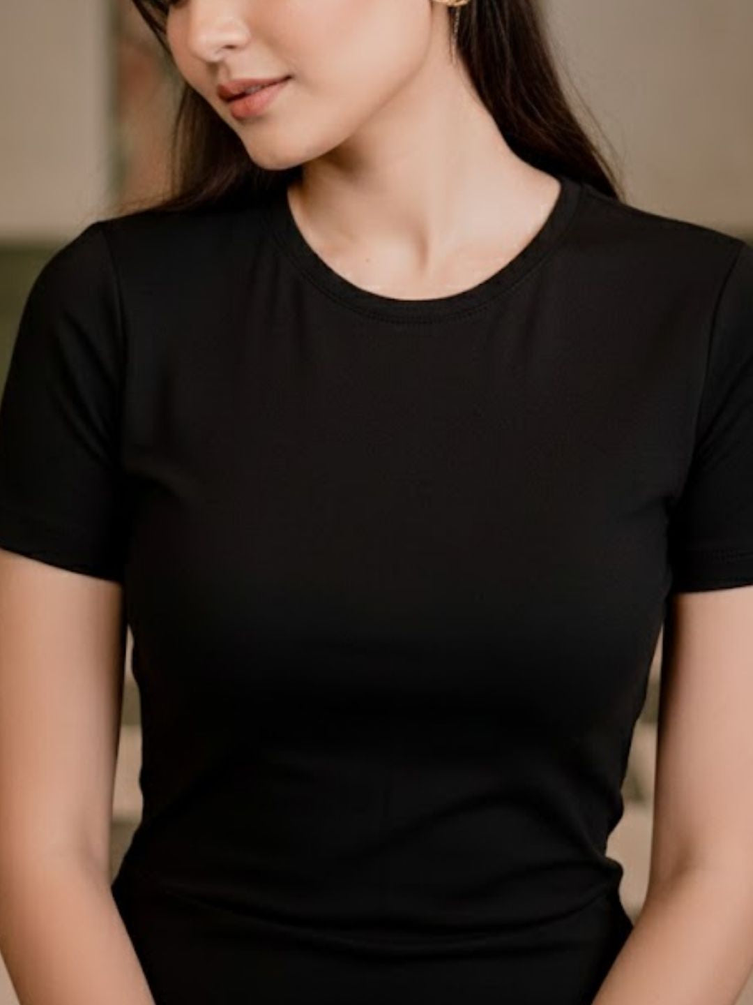 Women Black Round Neck Short Sleeves Cotton Bodycon Midi Dress