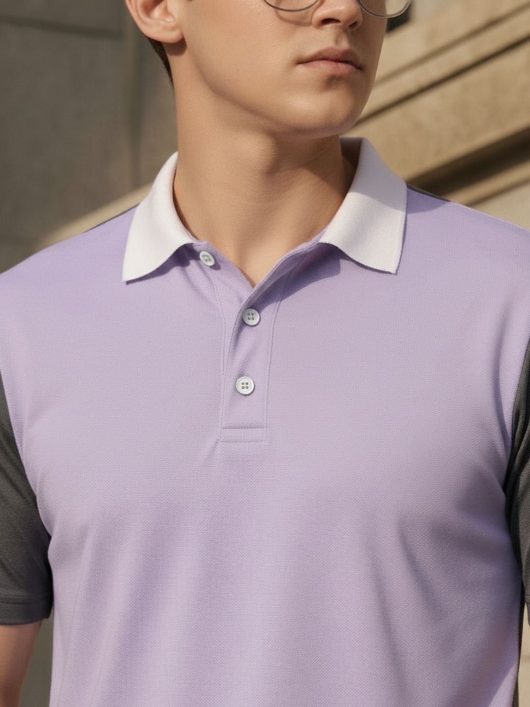 Colourblock Light Purple Polo Collar Half Sleeve Cotton T-Shirt