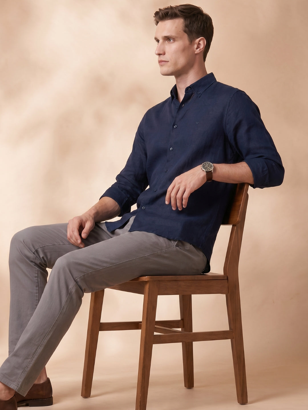 Regular Fit Navy Blue Linen Solid Casual Shirt for Men (LIBRA)