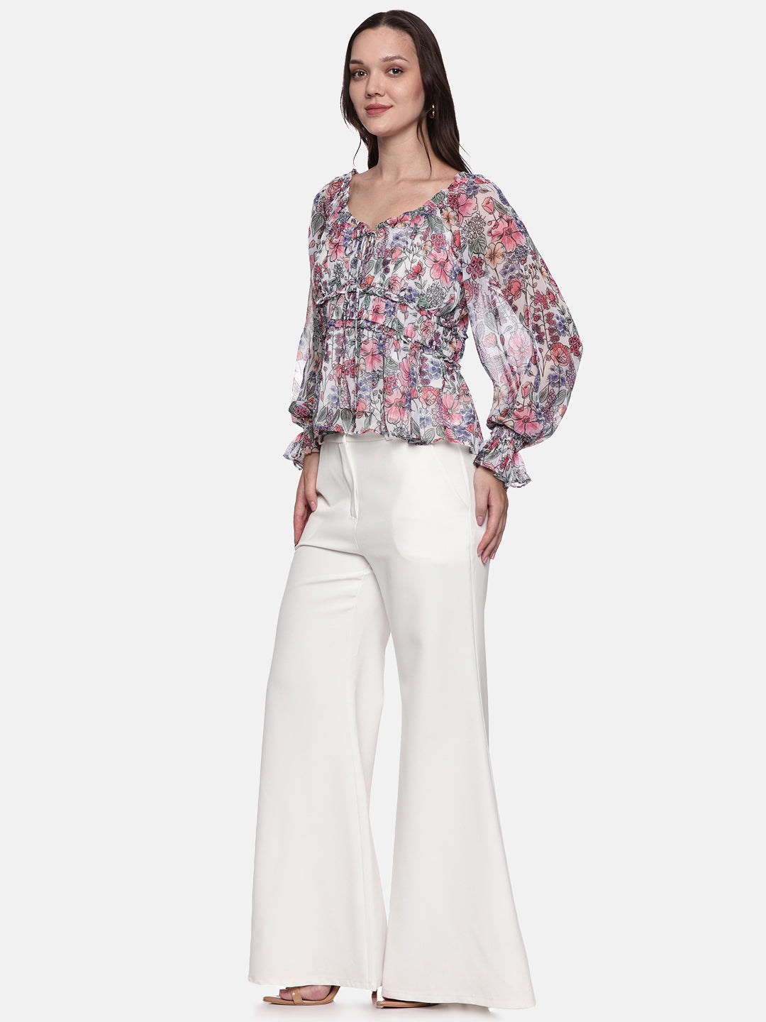 IS.U Multicolor Smocked Poet Sleeve Top