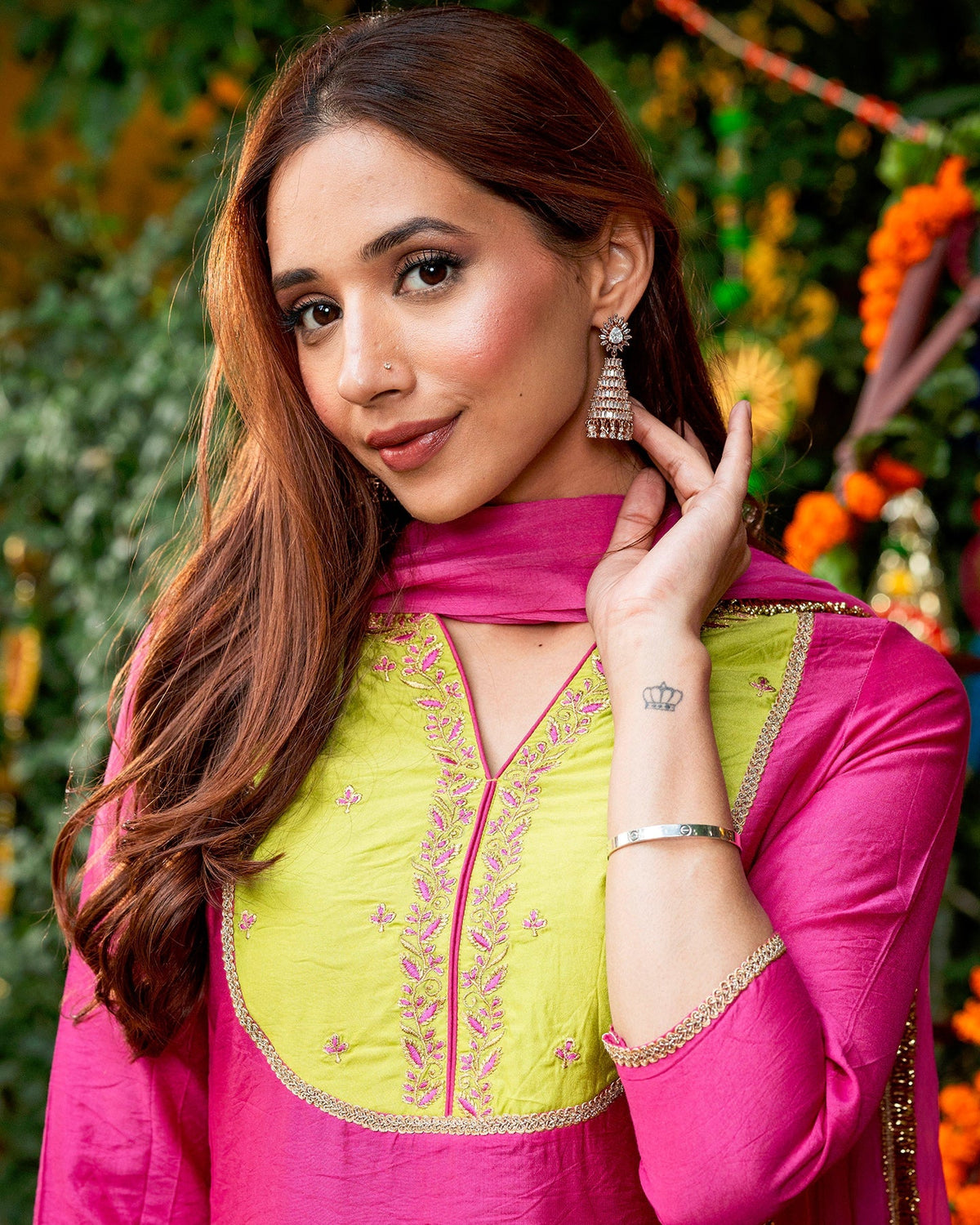 Pink Embroidered Chanderi Suit Set
