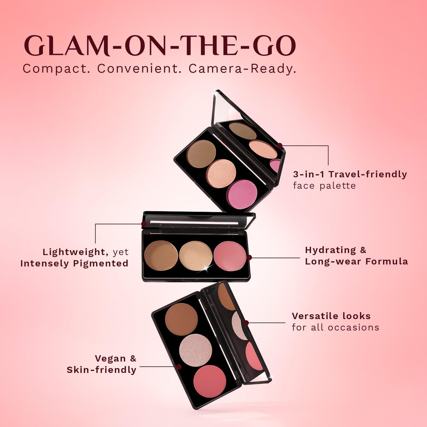 PILGRIM Rosé Touch 3-in-1 Face Palette Blush, Highlighter & Contour Sultry Romancé - 02 12G