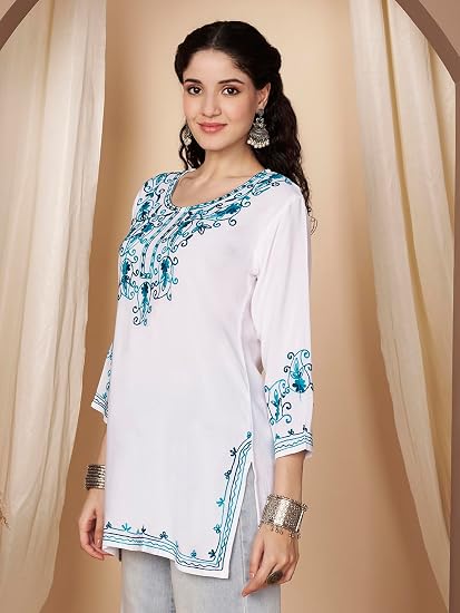 Embroidered Chikankari Kurti for Women - White Blue