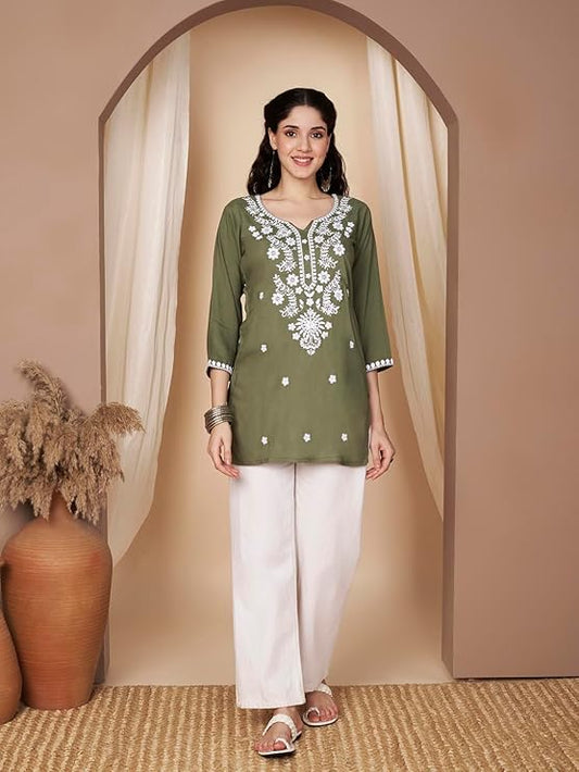 Short Kurti for Women for Jeans, Chikankari Kurtis for Ladies, Lakhnavi V- Neck Women's Tunic Design Kurta, Floral Kurtas & Tunics for Woman