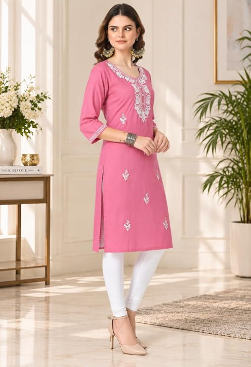 LIBOZA Kurta for Women – Lakhnowi Chikankari Embroidered Ladies Kurti, Stylish Girls Top, Ethnic Full Kurtas, Straight Design Kurtis for Woman