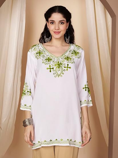 Embroidered Chikankari Kurti for Women - White Green