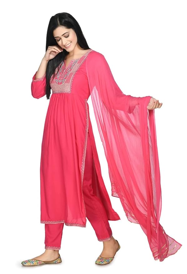 LIBOZA Ethnic Salwar Suit Set with Dupatta for Women Pink Nyra Cut (IN, Alpha, M, Regular)