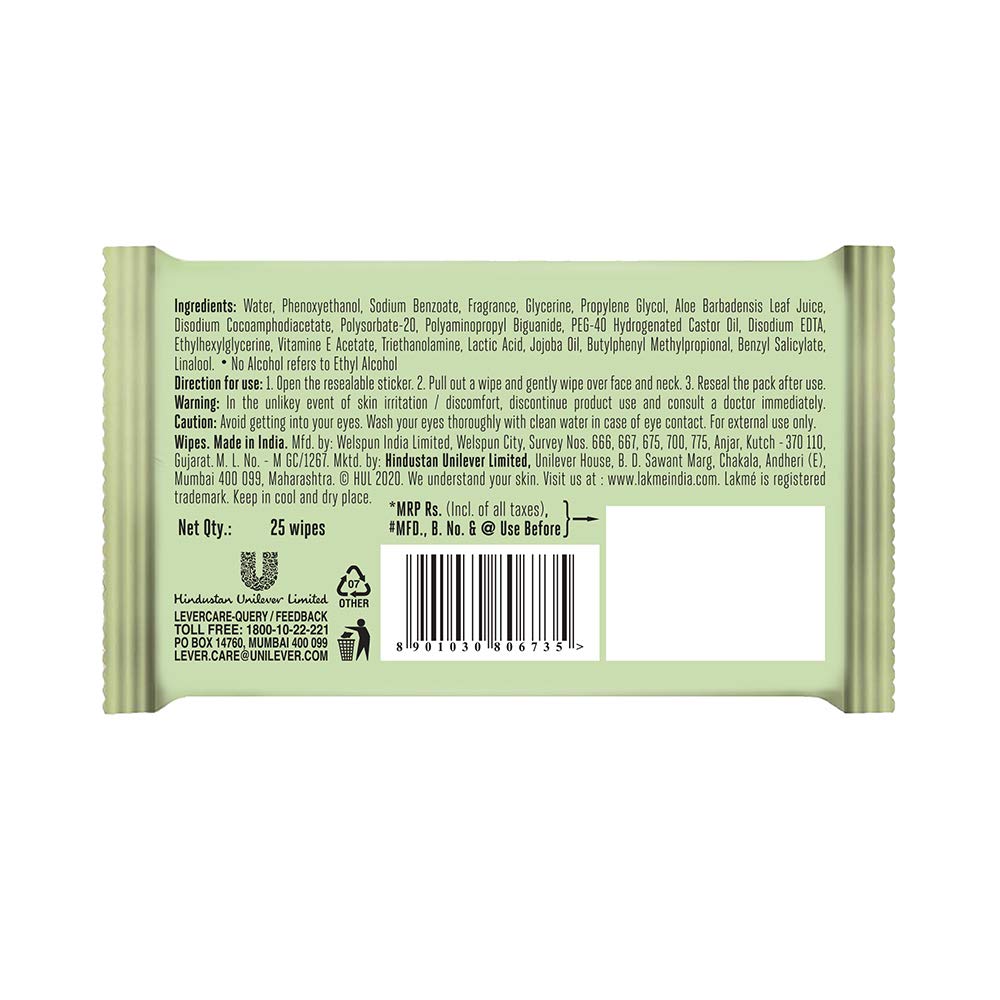 Lakme 9 To 5 Natural Aloe Cleansing Wipes 25 PIECES