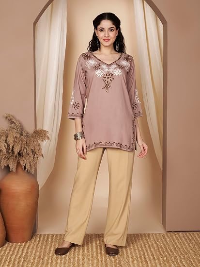 Embroidered Chikankari Kurti for Women - Chocolate 2