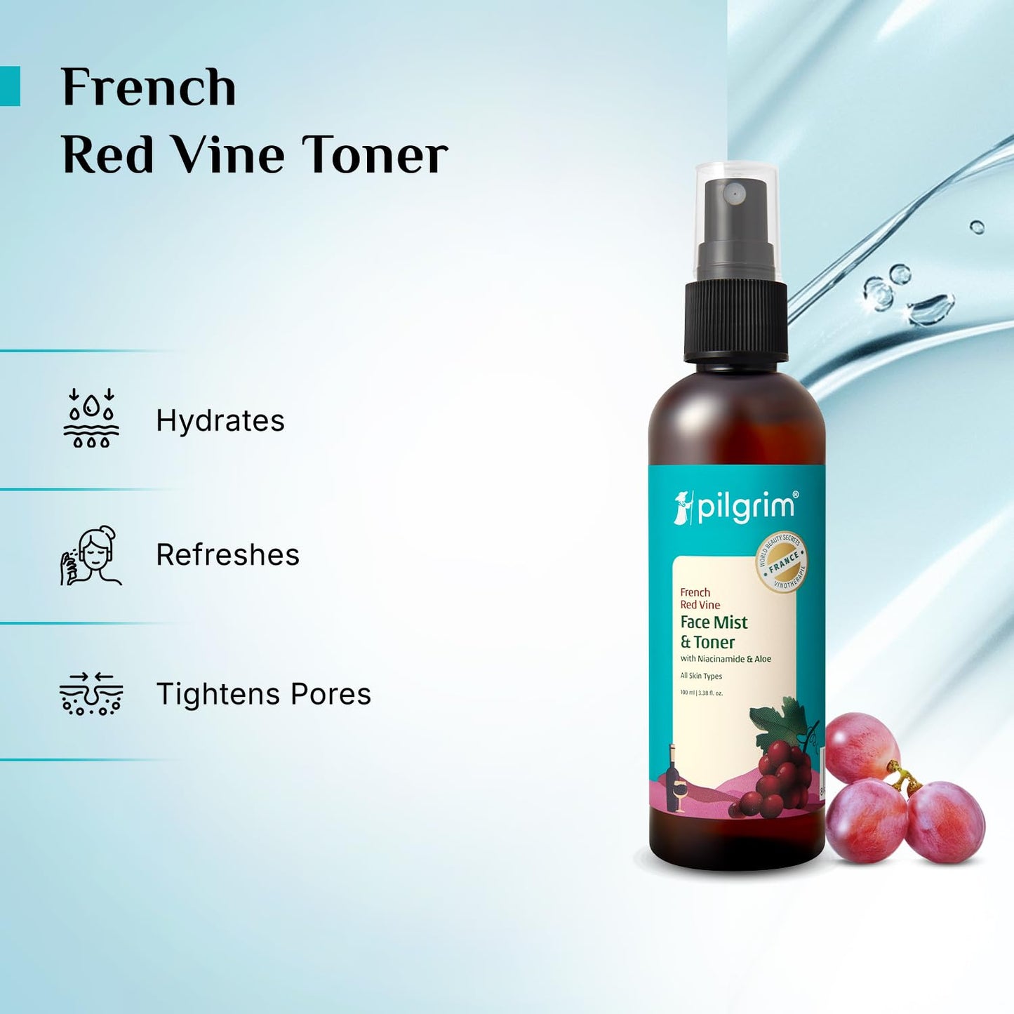 Pilgrim Alcohol Free Red Vine Face Toner, Mist Spray For Anti Ageing, Glowing Skin, Dry, Oily Men & Women, Women 100 MILLI_LITRE
