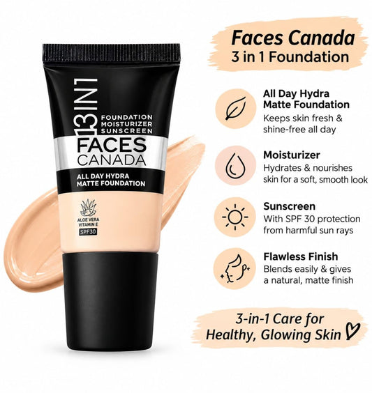 Faces Canada 3 IN 1 All Day Hydra Matte Foundation SPF-30 - 013 RICH IVORY